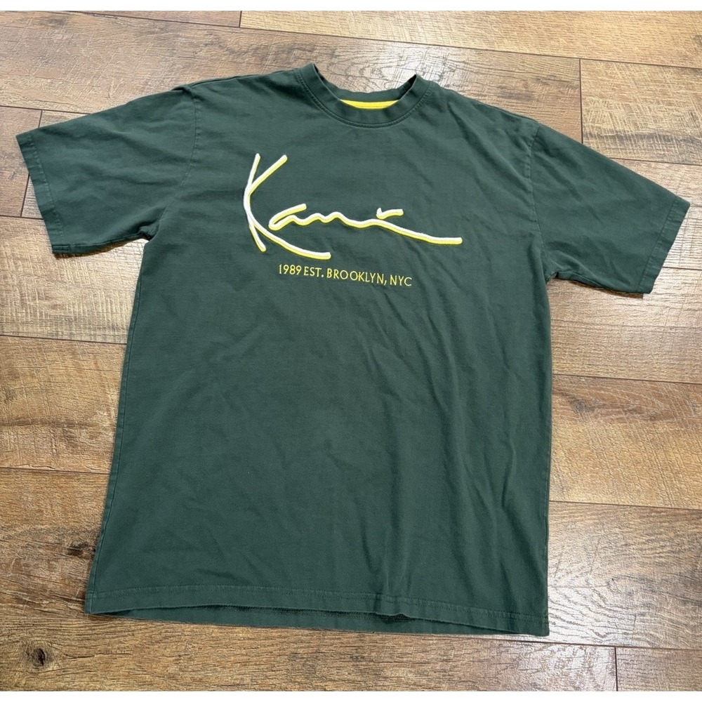 Vintage Karl Kani Embroidered Script Tee Green Medium Y2k Streetwear Hip-Hop